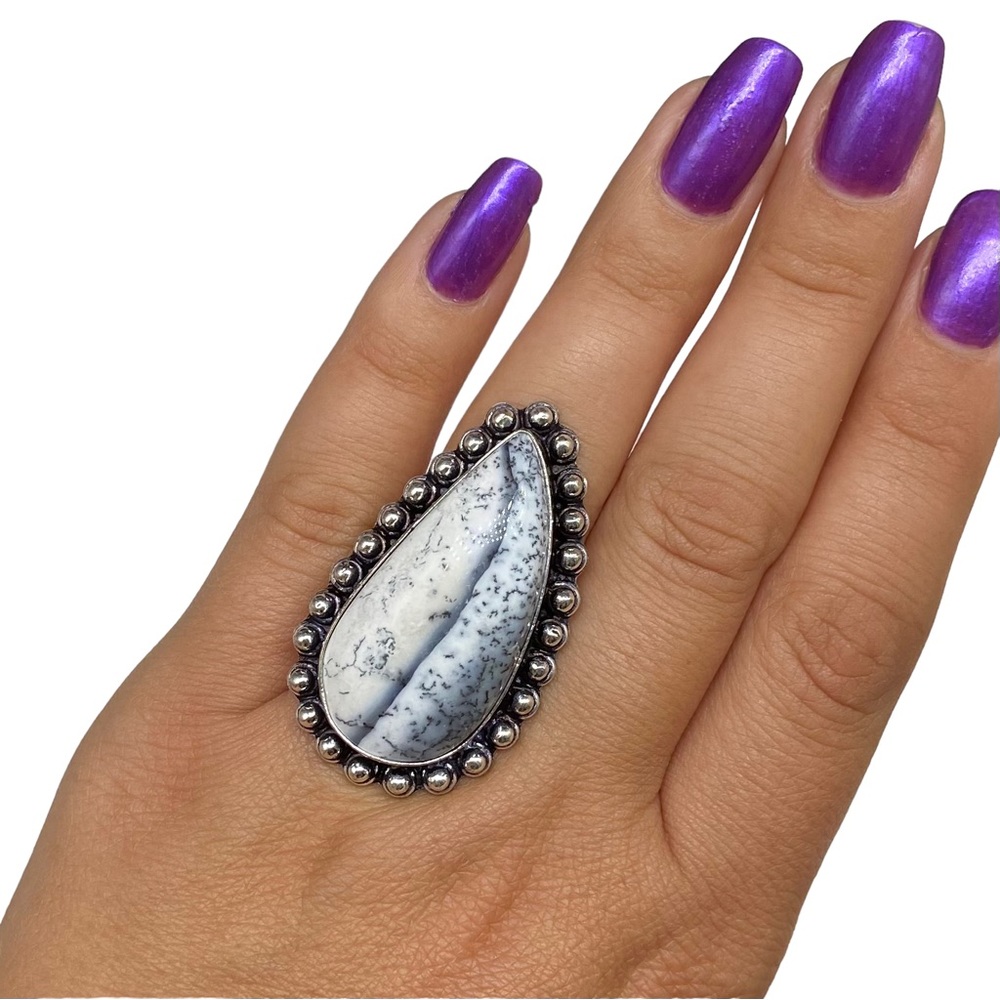 New Dendritic Opal Natural Stone ring in stamped 925 SS Overlay setting. 7